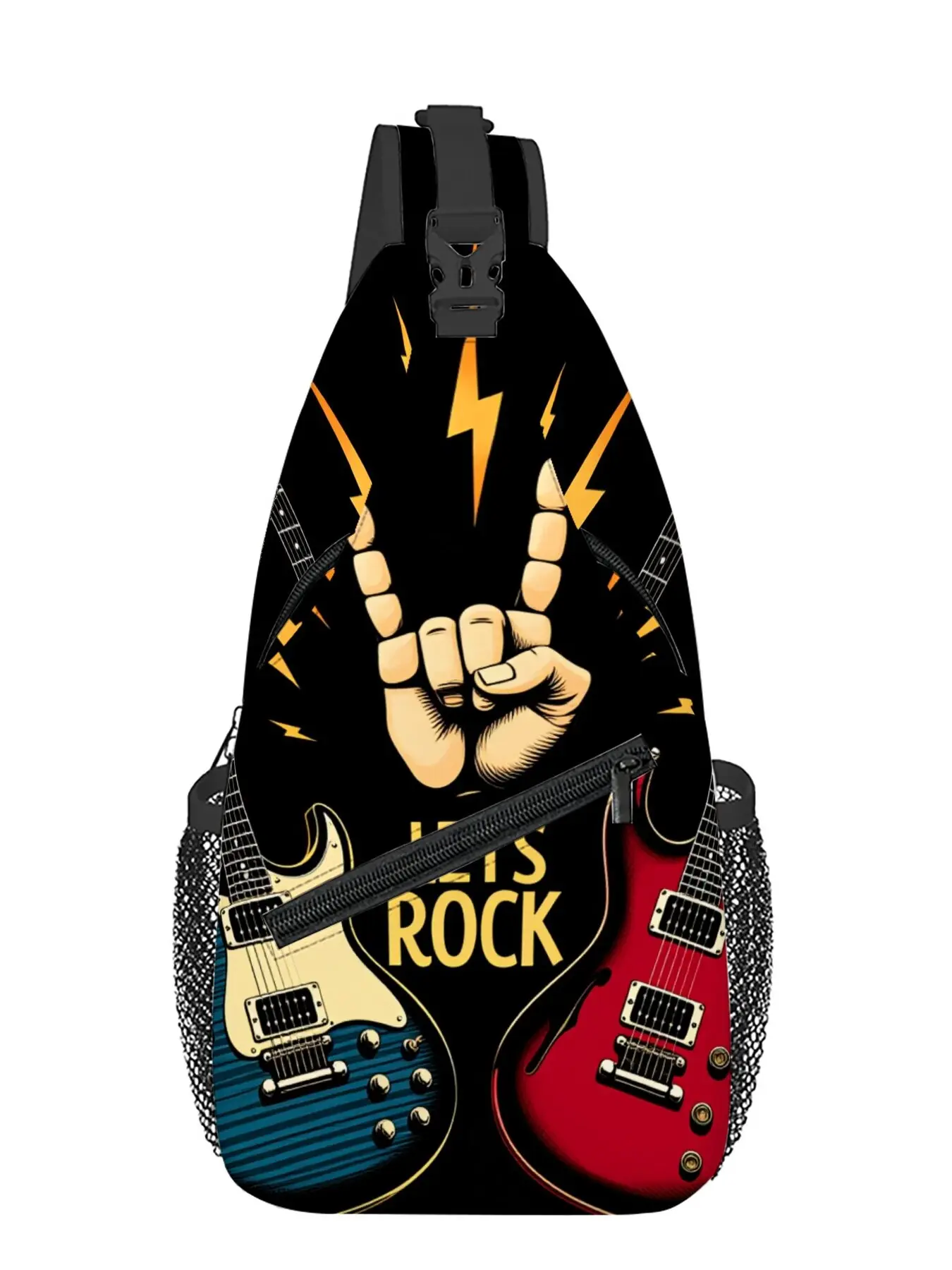 Chest bag with full-panel print of rock guitar pattern, Zipper Fanny Pack, Casual Waist Bag, Zipper Bum Bag