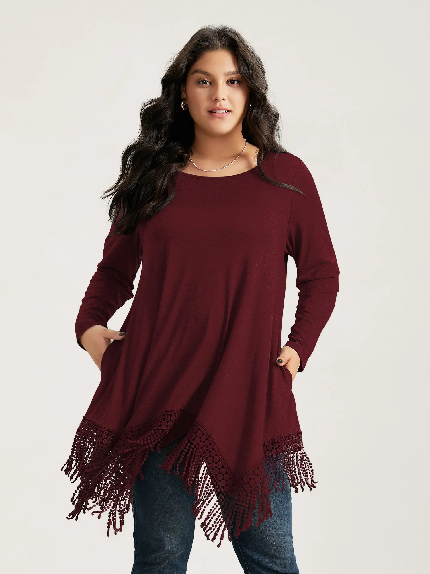 BLOOMCHIC Women's Plus Size Minimalist Basic Boat Neck Longsleeve T-Shirt - Polyester Blend Non-Stretch Flat Fabric Women's Clothing, Low Iron, Tassel Trim, Pocket, Asymmetrical Hem, Regular Fit Casual Top [M-6X] (Gray, Black, Burgundy) 2026 Summerfinds