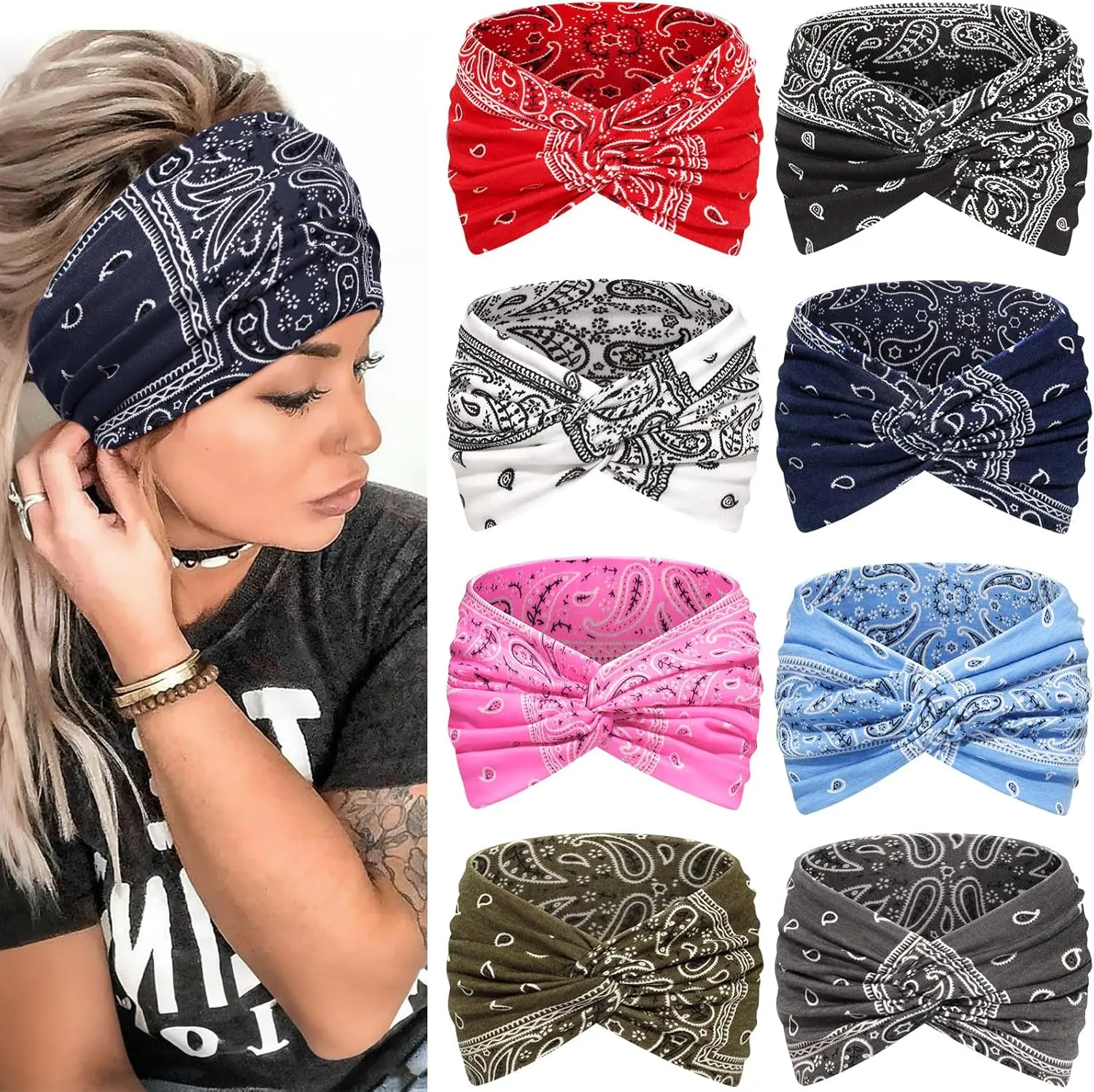 Wide Headbands for Women, 7.08 Inch Thick Boho Turban Style Hair Wraps, Non-Slip Moisture-Wicking Workout Headband for Sports, Yoga, Daily Fashion, 8 Pack Multi Colors