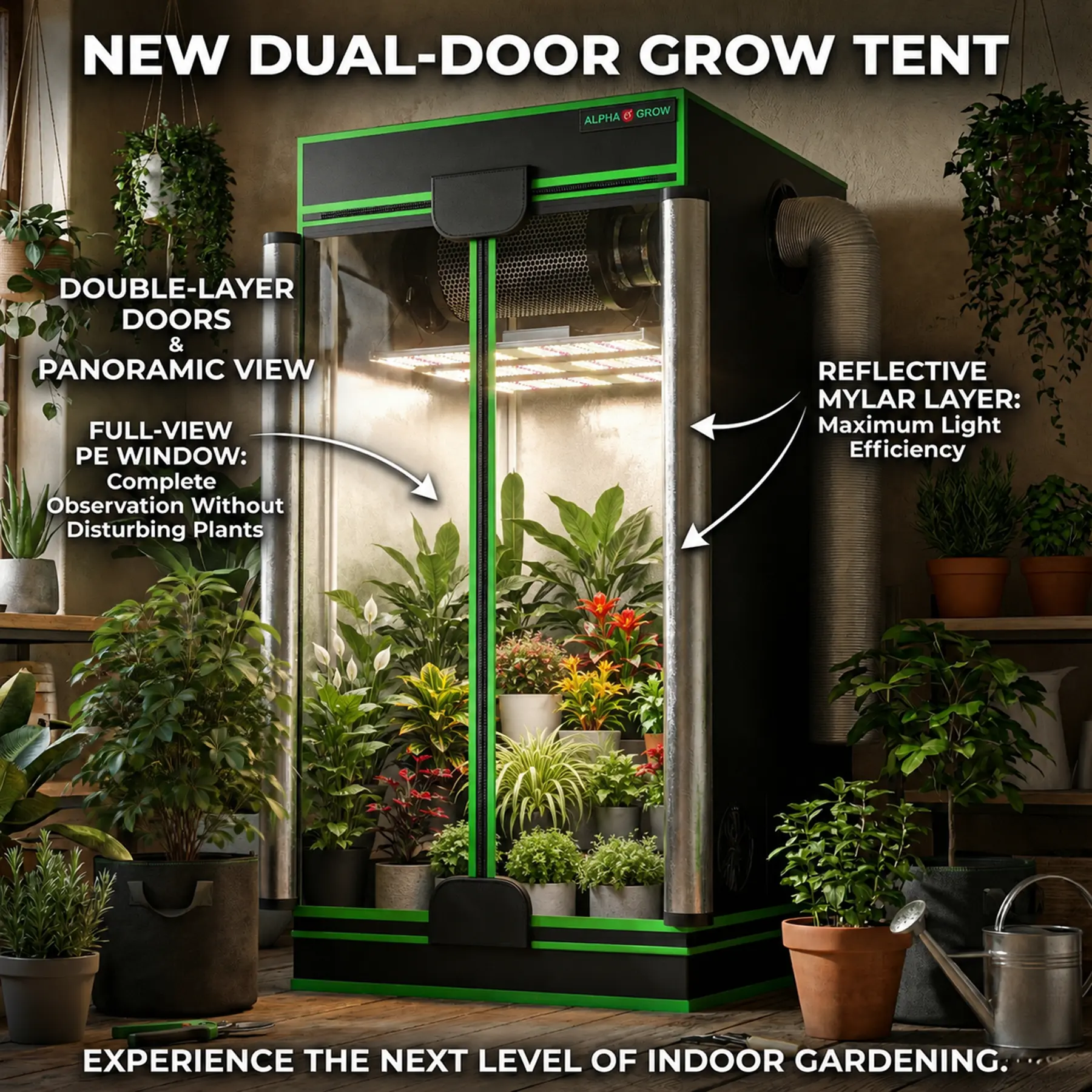 ALPHA GROW Indoor Grow Tent - 1680D Heavy Duty Hydroponic Tent with Double Door, Clear Observation Window, Reflective Diamond Mylar for Indoor Garden Greenhouse Setup