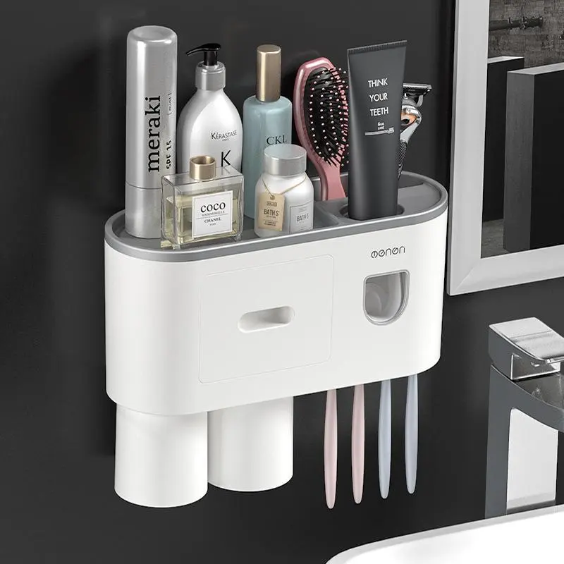 Wall-Mounted Dispenser Toothbrush Holder with Automatic Toothpaste Dispenser, Multiple Magnetic Cups, Large Capacity Tray & Cosmetic Drawer, No-Drill Easy-Install Mount Toothbrush Holder for Bathroom Organization, Dispenser Toothbrush Holders, Mount Tooth