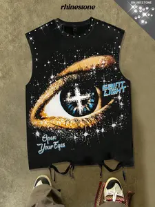Cut through vest men's T-shirt summer sleeveless round neck men's vest, eye print pattern vest men's clothing European and American fashion brands, both men and women can wear Unisex aesthetic geometric vest American retro