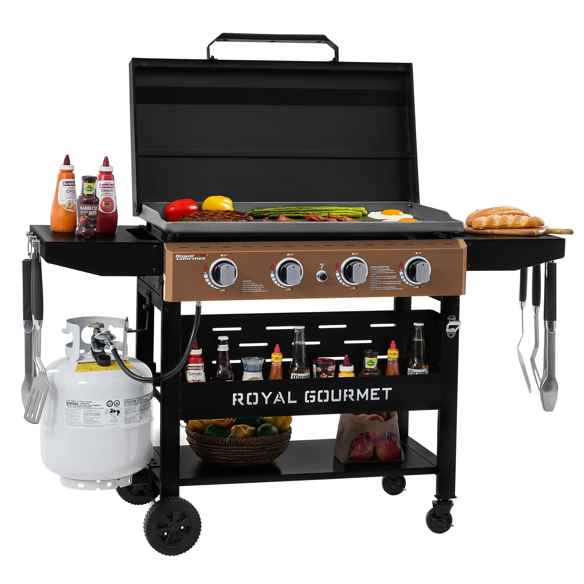 Royal Gourmet 4-Burner Flat Top Gas Griddle with Hood, 52,000 BTU Propane Griddle Grill, 582 Sq. In. Cooking Space, Foldable Side Shelves, Electronic Ignition & Wheels, Outdoor BBQ Cooking  				, Carbon Monoxide, Barbecue Grill