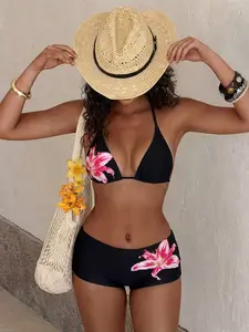 Women's Fashion Floral Swimsuit Set, Tie Back Triangle Top & High Waisted Shorts, Lily Pattern, Summer Vacation Beachwear