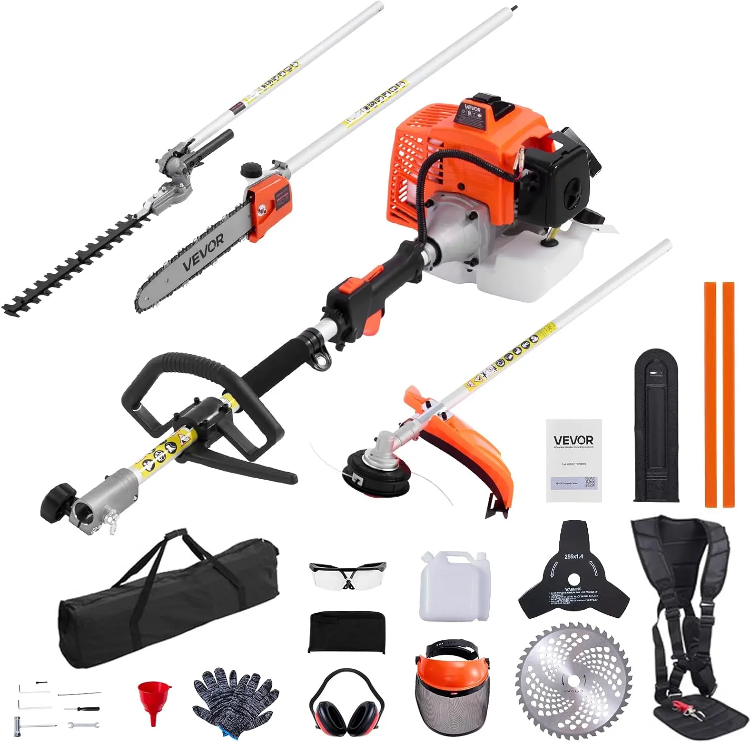 VEVOR 2-Cycle 63cc 5-in-1 Gas Hedge Trimmer with Handheld Grip, Cordless Power Tool w/ Protective Gear Set, String Trimmer, Brush Cutter, Pole Saw, 3T & 40T Metal Blades for Hedge Cutting