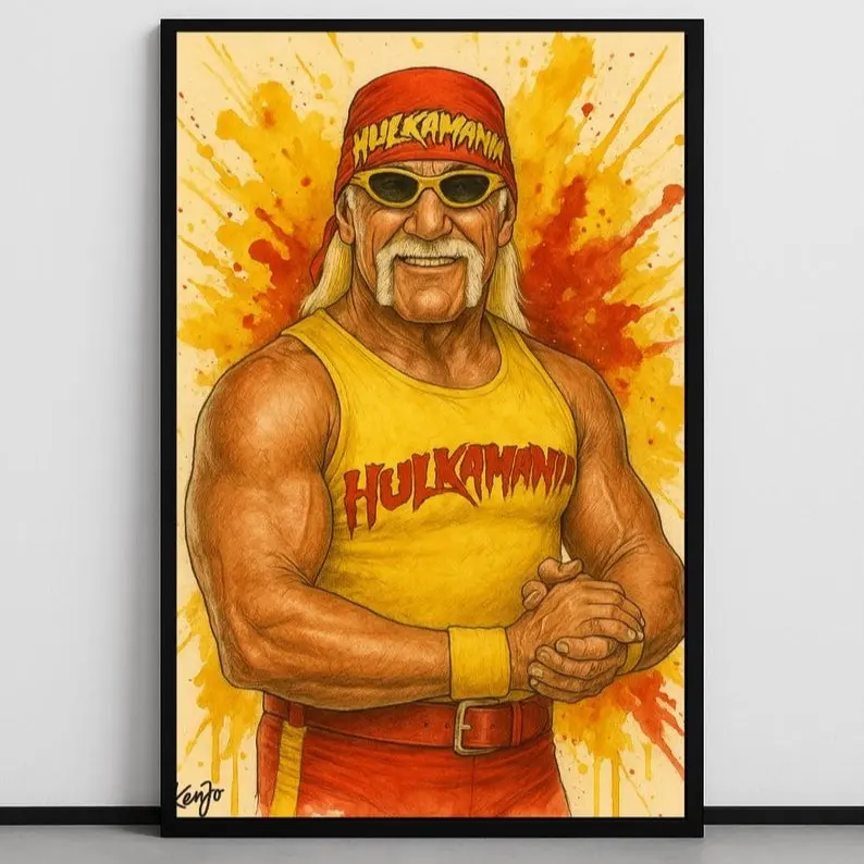 Vintage Hulk Hogan Wrestling Poster, WWE Fan Art Print, Classic Hulkamania in Red & Yellow, Glossy Wall Art by Kenjo