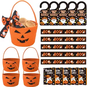 3/5 Pcs Halloween "You Got Spooked" Set Pumpkin Treat Bucket Reusable Orange Small Bucket for Neighbors Friends Coworkers Small Woven Rope Basket for AHalloween Parties Themed Events Children's Party Supplies