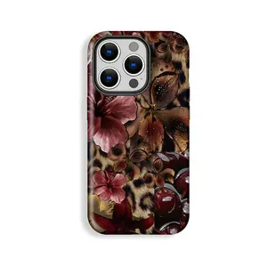 Stylish Flower Falling Leopard Cheetah Texture Cherry Collage Style Phone Case, Phone Case Suitable for Iphone 11/12/13/14/15/16/17 Pro Promax Plus Air