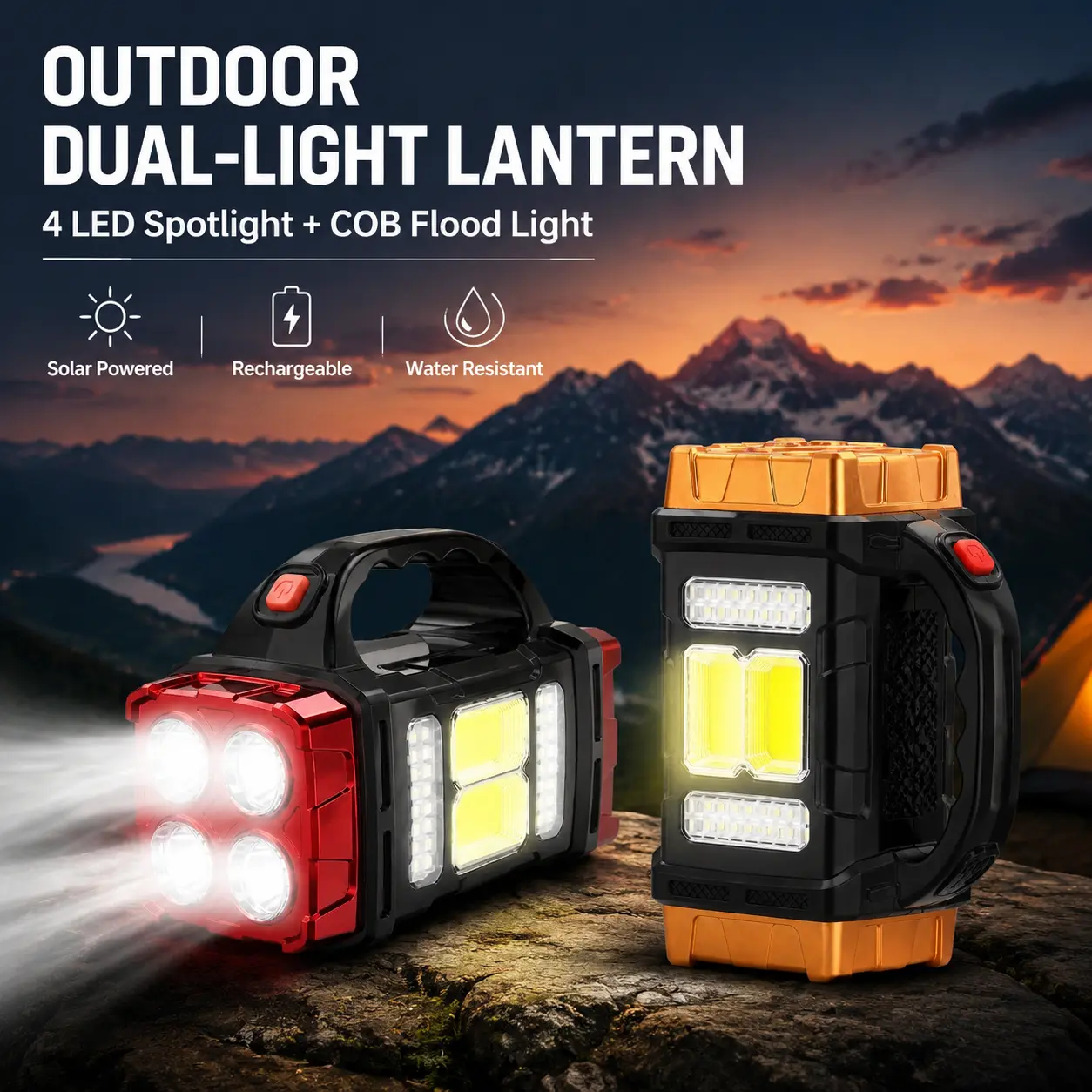 Portable Solar LED Outdoor Lantern  Ultra Bright High Lumen Camping Lamp,Dual Solar & USB Recharge Powered, Built-in 1200mAh Lithium Cell, 4 Custom Lighting Modes, IPX4 Weather Resistant for Wilderness Trips, Blackout Prep, Backpacking Storm Emergency Use