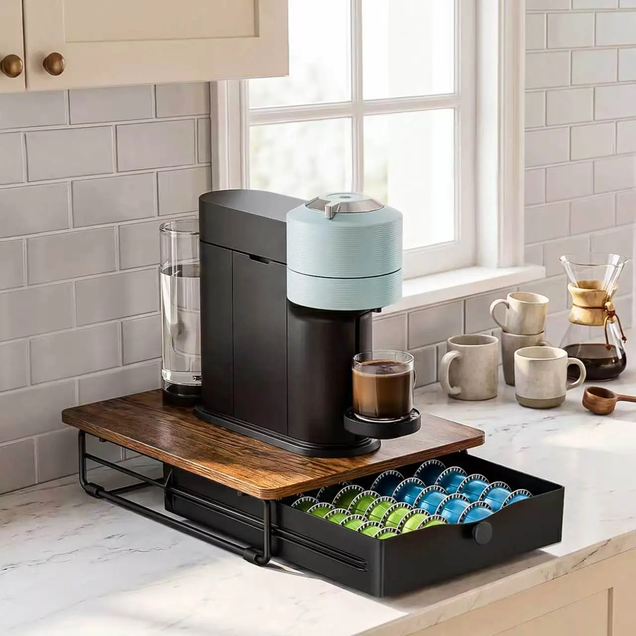 EVERIE Rustic Brown Wooden Slide-Out Coffee Pod Drawer Organizer Holder, Compatible With Nespresso Vertuo Capsules (40 Large or 52 Small), for Kitchen Countertop & Coffee Bar, Barista-Style Coffee Sets