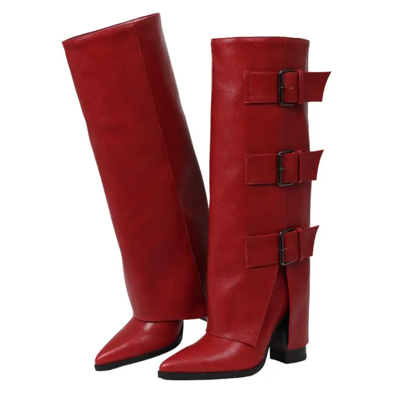 Women's Retro Chic Red Belt Buckle High Boots - Pointed Toe, Thick Block Heel, Personalized Long Statement Shoes for Western OOTD, Cowboy Aesthetic, Versatile Occasions, Comfortable All-Season Outdoor Footwear, Comfortable Heels, Outdoors
