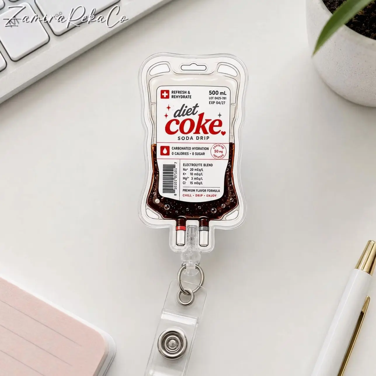 Diet Coke IV Bag Badge Reel, Funny Nurse Fuel ID Holder, Soda Infusion Retractable Clip, Medical Staff Humor Gift