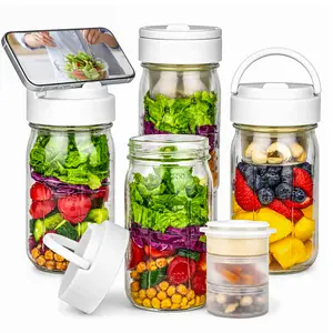 CLEANGOR 4 Pack Glass Salad Jars Meal Prep, 32 oz Mason jars, Leakproof Lunch Containers with Handle and 3-Layer Compartments for Wet/Dry Separation and Dressing Storage