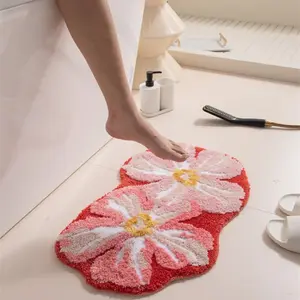 Cute Cartoon Flowers Bathroom Mat, Cozy Bath Mat, Bathroom Floor Mat, Bathroom Rugs, Non-Slip Flocked Polyester, Water-Absorbent, Easy to Clean, Machine-Washable, Soft and Comfortable