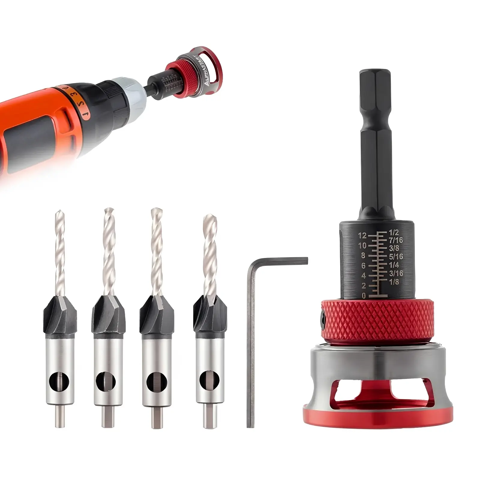 4PCS HCS (High Carbon Steel) 4-Blade Countersink Drill Bit Set with Adjustable Depth Stop, L-Shape Wrench,Work Tools for Precision Drilling,Suitable for Wood and Plastic,Tool Included for Drilling in Wood and Plastic