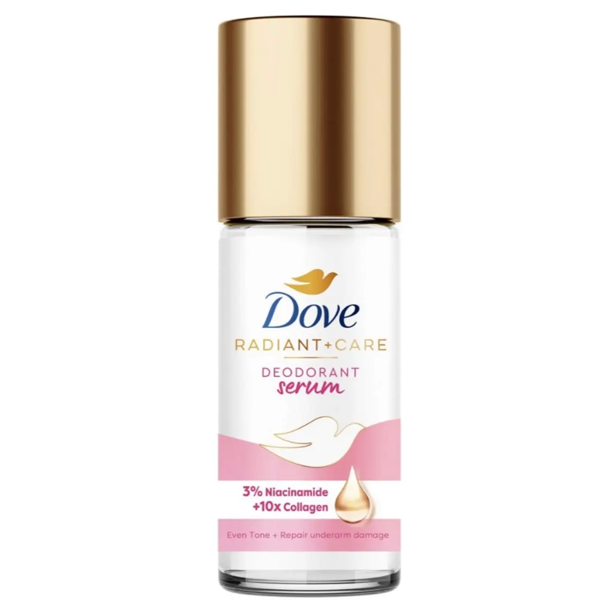 Dove Radiant + Care: Deodorant Serum 3% Niacinamide + 10x Collagen for even tone and deep renew . Rollon -45ml