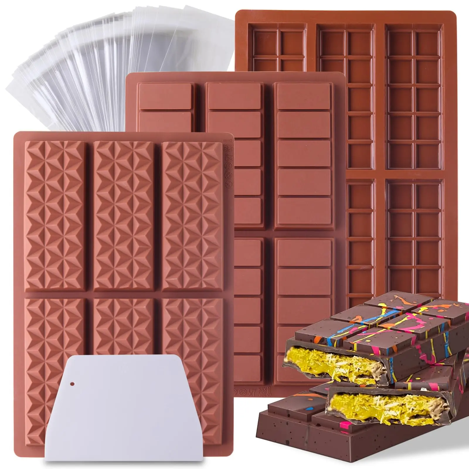 Silicone Chocolate Bar Mold Set, 3 Counts Chocolate Bar Mold with 100 Clear Bag & 1 Scraper, Baking Mold for Home Kitchen, Reusable Chocolate Mold
