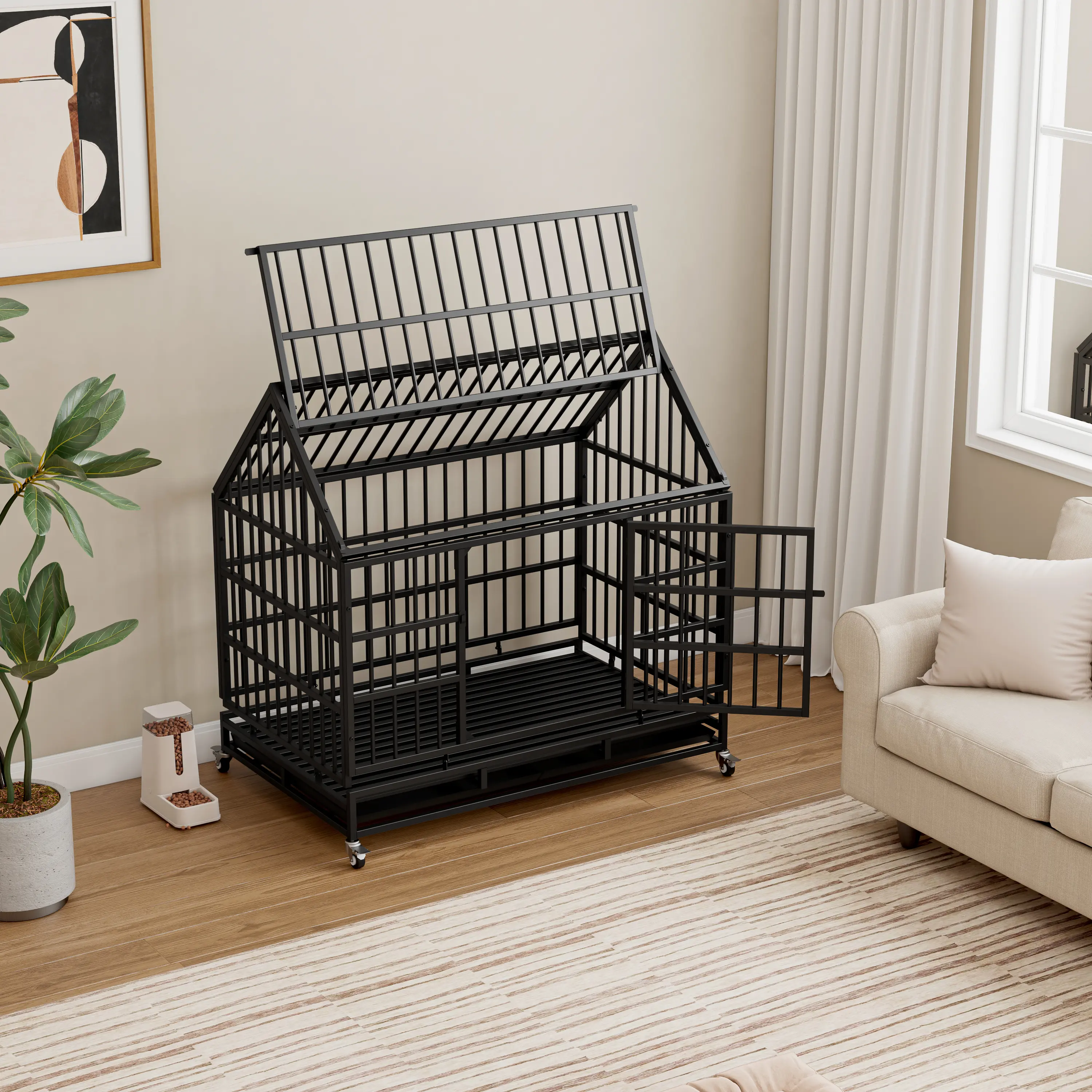 48 Inch Heavy Duty Folding Metal Dog Crate with Wheels, Large Wire Pet Cage Kennel for Medium to Large Dogs, Pointed Roof Design with Removable Tray and Double Doors, Indoor/Outdoor Portable Dog House with Lockable Wheels