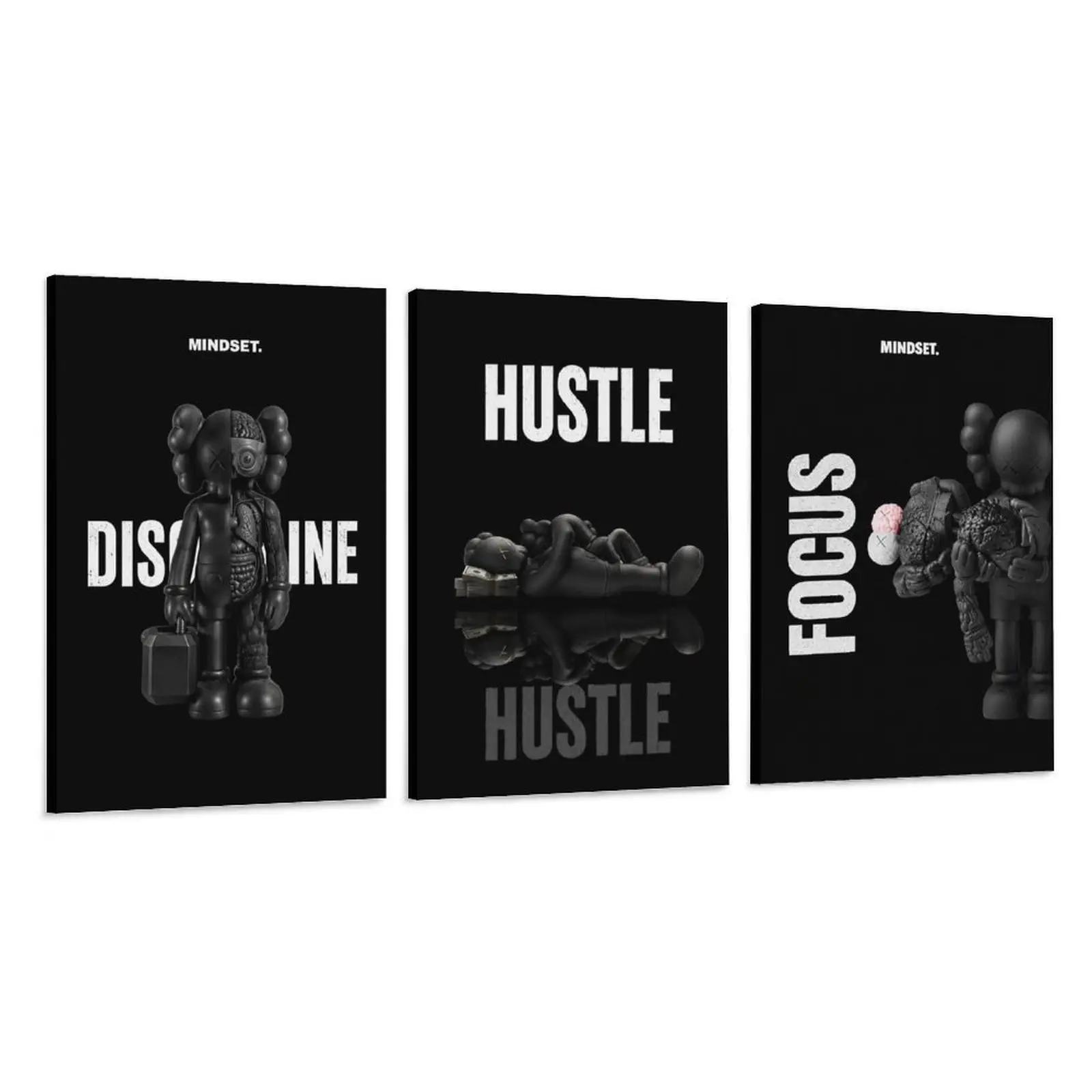 3-Piece Black Motivational Frameless Canvas Wall Art Set - HUSTLE, DISCIPLINE, FOCUS Quote Posters, Minimalist Graphic Gym Decor, Home Supplies for Office Bedroom, Hypebeast Streetwear Aesthetic Gift, Box-Included