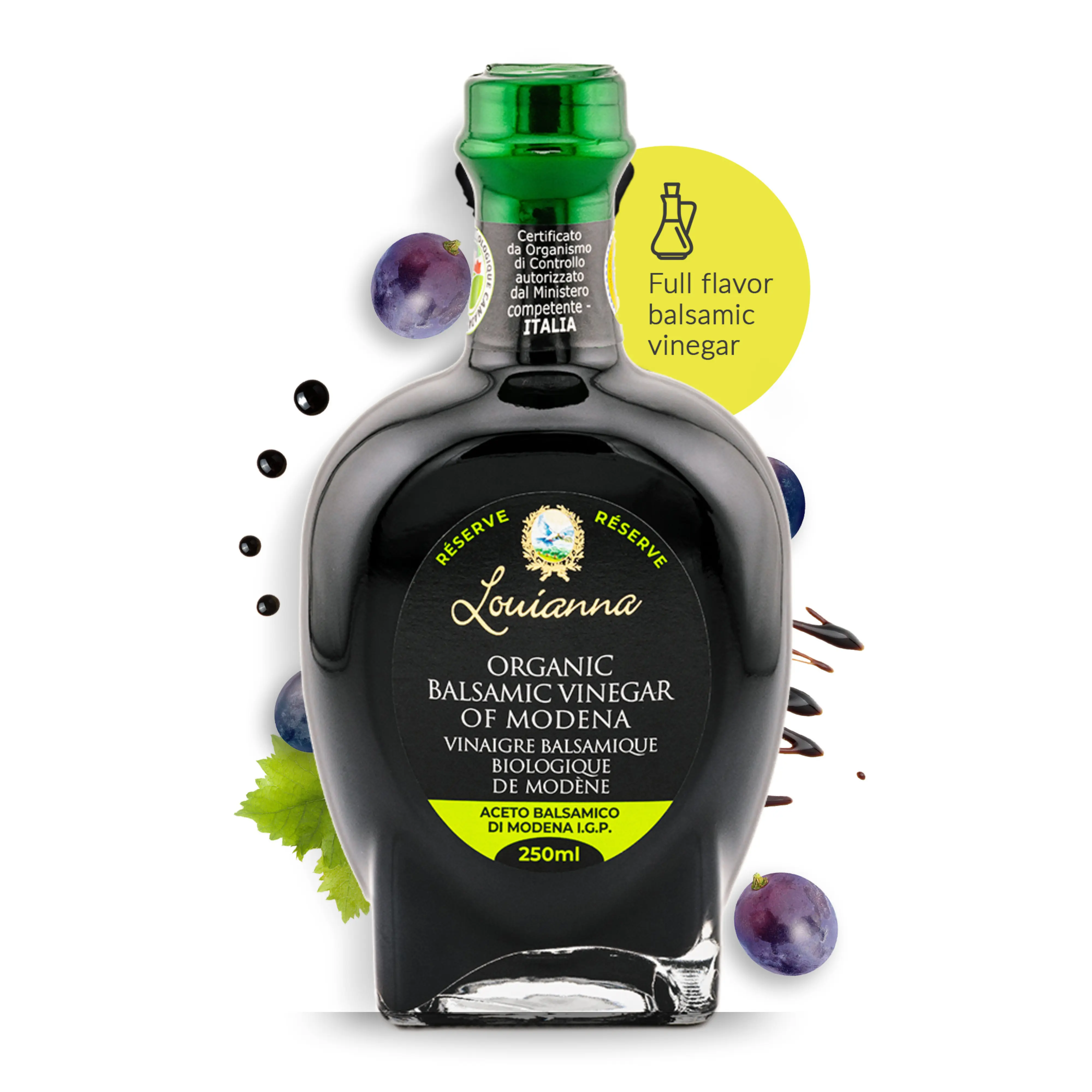 Louianna Certified Organic I.G.P. Balsamic Vinegar of Modena- 250ML-ICEA-BRC AA Grade-IFS Higher Level-Non-GMO- No sulfites added - No caramel added-5 year shelf life