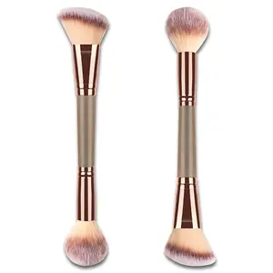 Double-Ended Foundation Makeup Brush, Angled/Round Top for Liquid, Powder & Cream Blending (Brown), champagne gold