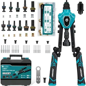 2in1 Rivet Nut Tool and Rivet  Kit Folding, with 11 Mandrels (Metric & SAE) & 5 Nose Pieces (2.4-6.4mm), Includes 100 Nuts & 200 Pop Rivets, Folding Heavy Duty Hand Tool for DIY & Repair