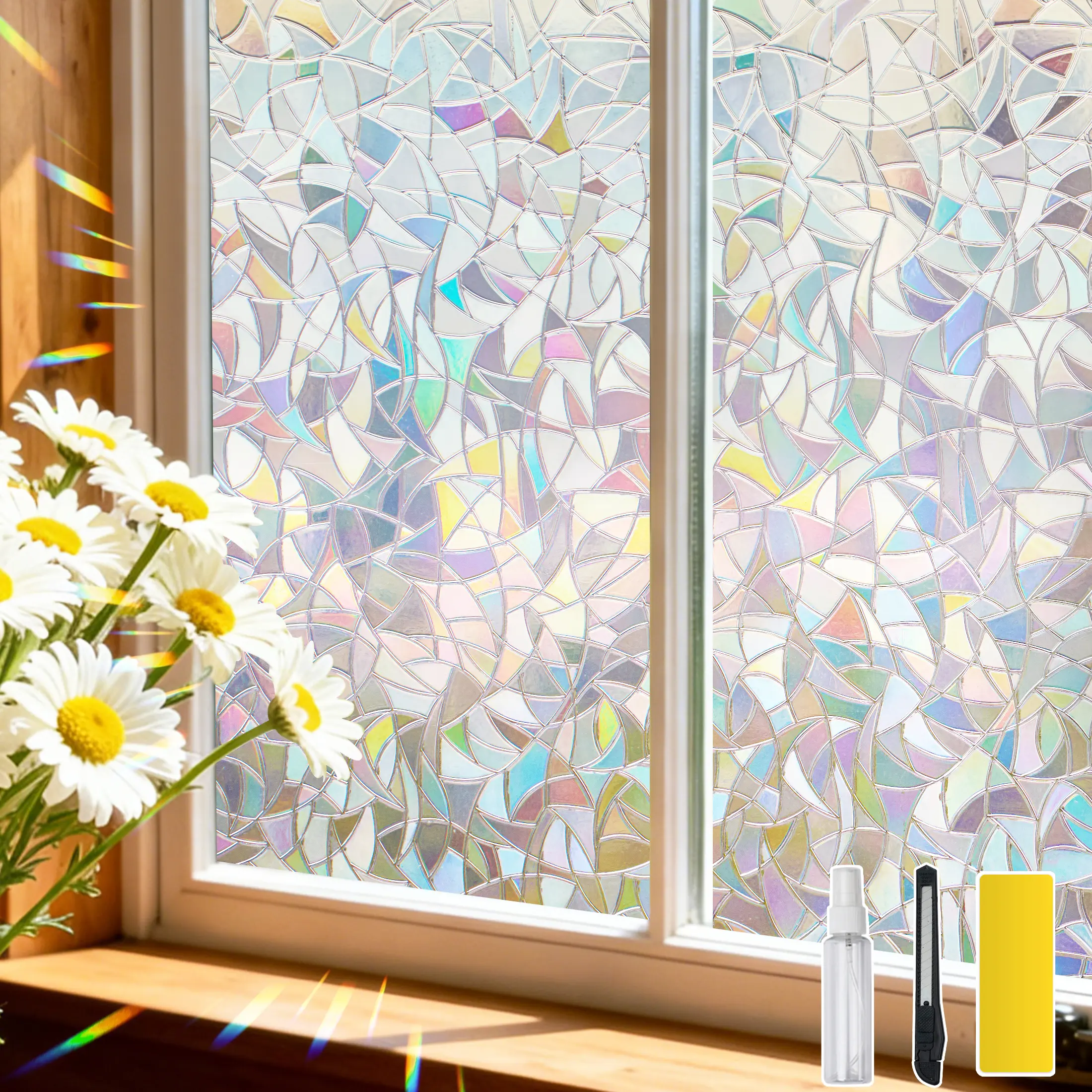 Dktie 17.7in x 78.7in PVC Rainbow 3D Patterned Vinyl Sheet - Glue-Free, Repositionable Electrostatic Cling Window Sticker Film, Anti-UV, Heat Blocking, 8-Year Durable, Renter-Friendly, Easy Install with Tools, Home Decor Items for Bedroom