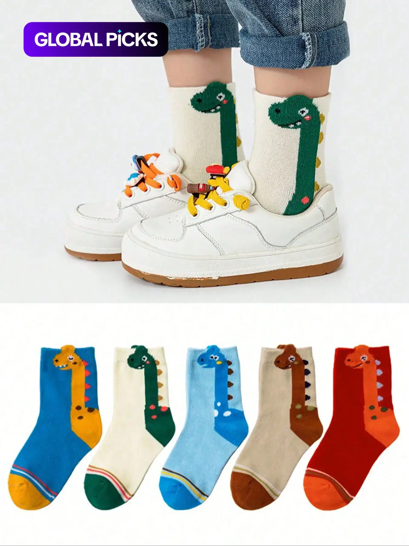 5 Pairs Kids Socks, Youth Socks, Children, Cartoon Neck Dragon Dinosaur Design, Mid-Calf Length, Unisex Animal Socks for Spring & Fall, Casual Stylish Socks