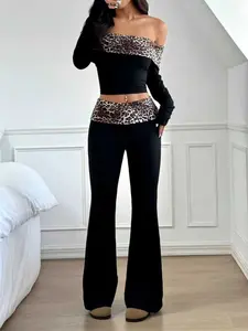 Women's Leopard Print Off-Shoulder Long Sleeve Top & Flared Pants Set, Fashionable Chic Style Two-Piece, Casual Wear