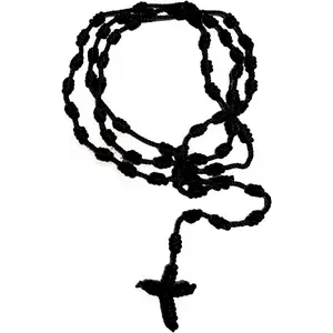 Handmade Rosary Cross Pendant Long Braided String Knotted Catholic Religion Adjustable Colorful Cord Rope Necklace Lucky Protection Keepsake Jewelry for Women Men