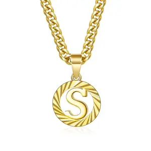 14K Gold Plated Initial Necklace Hollow Circle Letter Pendant A-Z with 5mm Cuban Chain TikTok Viral Monogram Jewelry Gift for Her a-z figaro chain necklace tiktokshopblackfriday