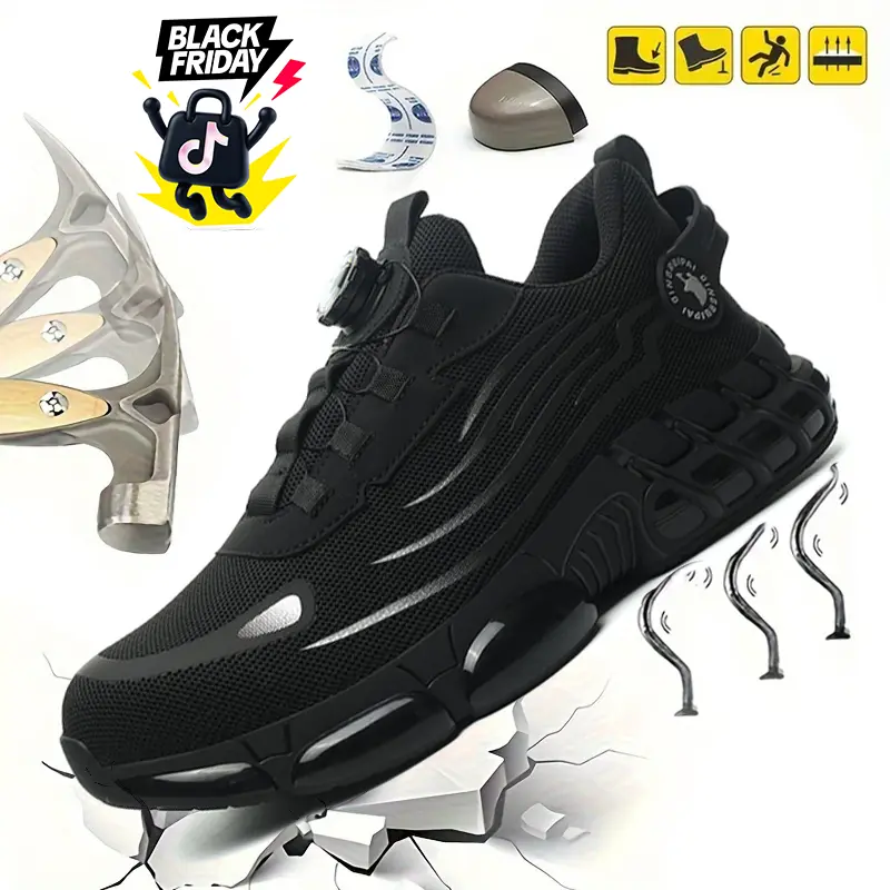 QINGRUIPAI Men's Steel Toe Work Safety Footwear - Breathable Mesh Shoes, Slip-Resistant EVA Sole, Durable Elastic Closure, Striped Design, All-Season Fit, Injury Prevention, Fathersday Gift, Fathersdaygift
