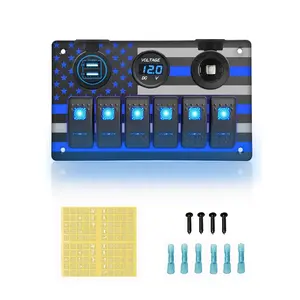 6 Gang Marine Rocker Switch Panel Waterproof Aluminum Switch Panel with Flag, 5 Pin ON-Off Toggle Dual USB Charger Voltmeter for Boats Automotive RV(Blue LED)