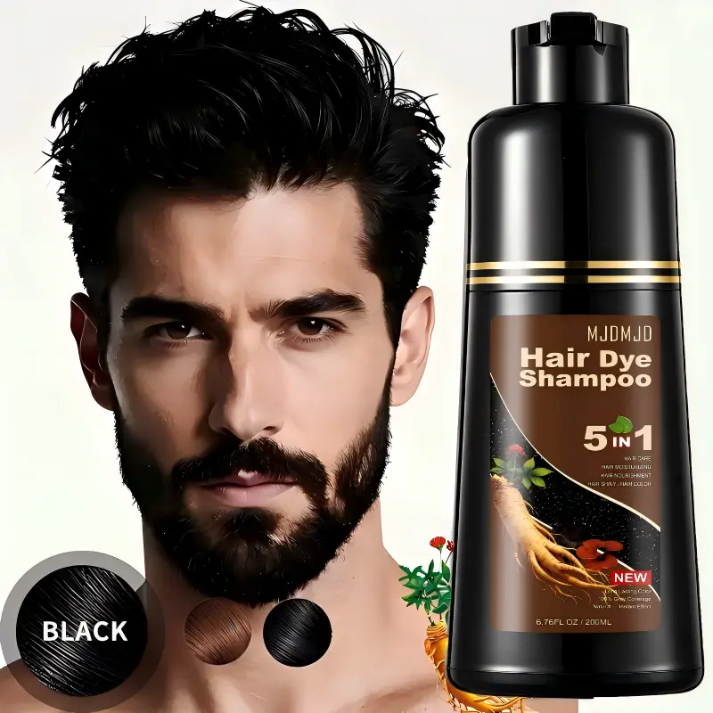 Natural Black Hair & Beard Color Shampoo for Instant Gray Coverage, 5-in-1 Semi-Permanent Dye with Ginseng & Ginger, Sulfate & Ammonia-Free Formula for Men & Women, 6.76 Fl Oz, Haircare, Natural Black Style, Gray Hair Dye Semi-Permanent Color, Hair Shampo