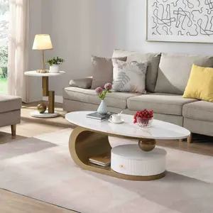 Bellemave 2-Piece Contemporary Golden Wooden Nesting Coffee Table Set - Oval & Round Shapes, Rattan-Wood & Steel Frame, Natural Finish, Quick Setup for Living Room