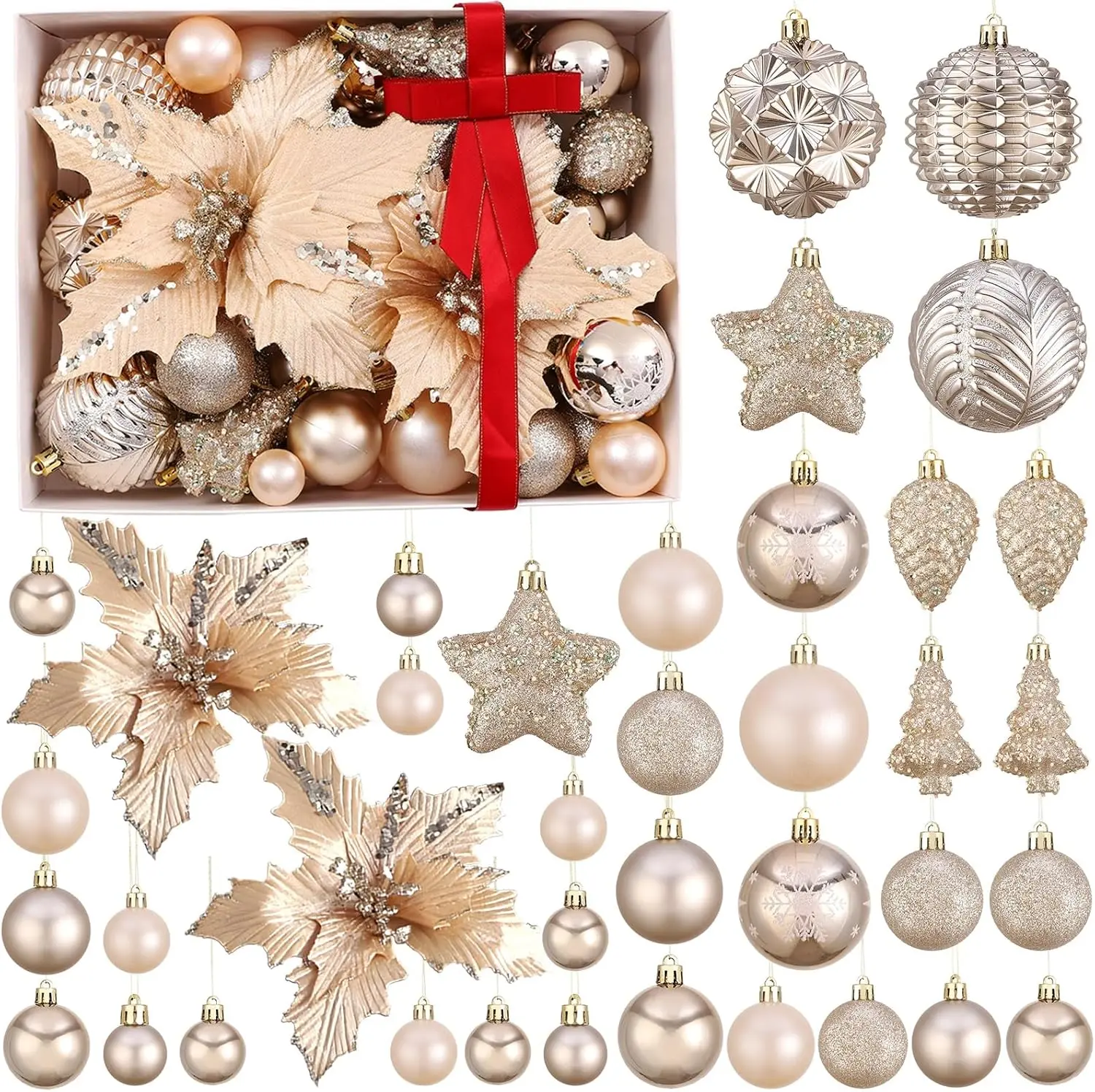 48Pcs Assorted Champagne Gold Christmas Tree Balls Ornaments Set, Mixed Shatterproof Glitter Christmas Tree Flowers Hanging Balls Stars for Christmas New Year Home Decorations (12 Styles,6 Size)