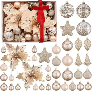 48Pcs Assorted Champagne Gold Christmas Tree Balls Ornaments Set, Mixed Shatterproof Glitter Christmas Tree Flowers Hanging Balls Stars for Christmas New Year Home Decorations (12 Styles,6 Size)