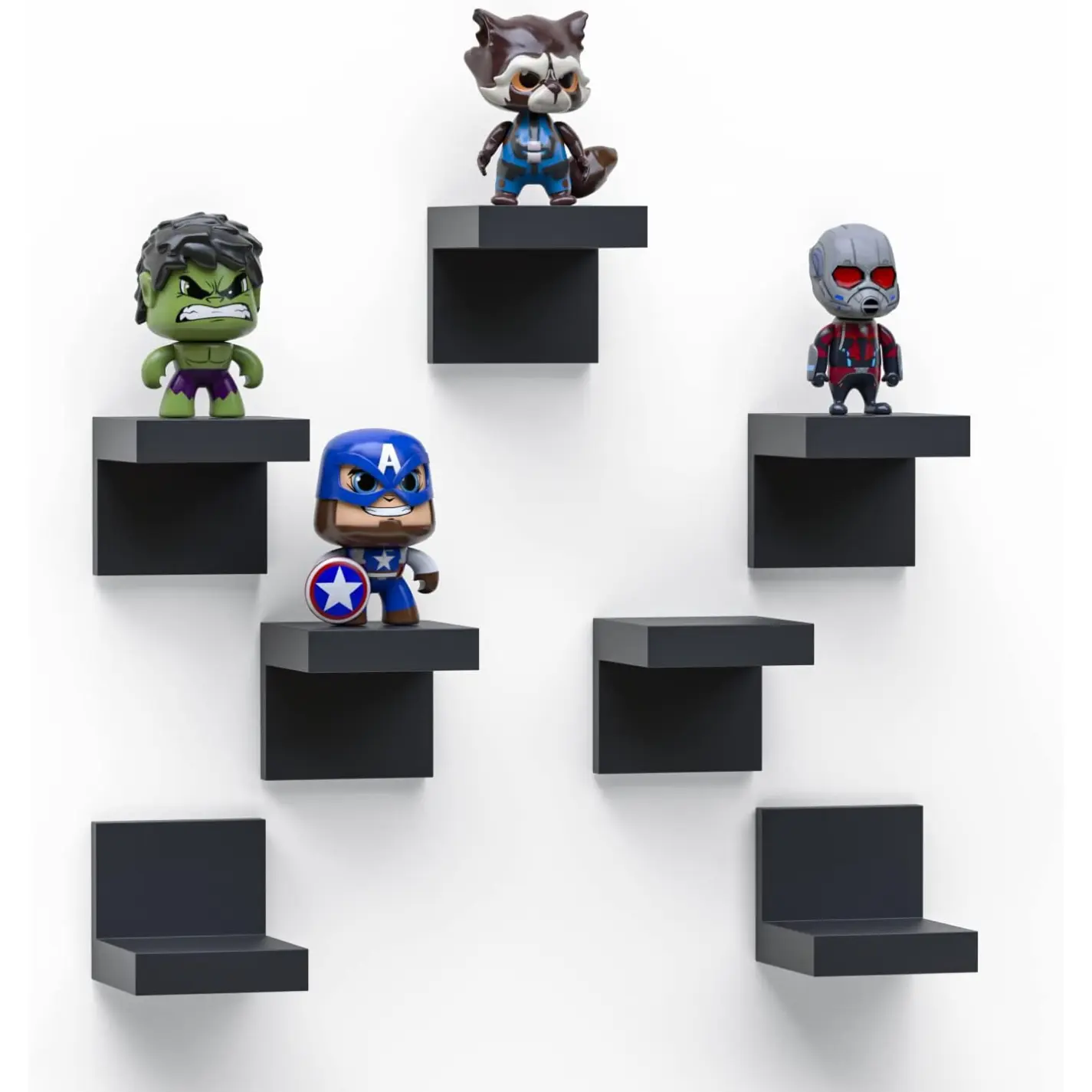 [New Deal]-7-Pack Small Floating Shelves for Wall by RicherHouse, Plastic Black Shelf 4 Inch Display Ledges Room Decor, Mini with 2 Types of Installation (Adhesive or Screw)