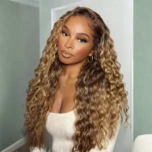 Beautyforever Caramel Brown with Honey Blonde Highlights Water Wave Wig Pre Everything 13x4 Lace Frontal Human Hair Wig with Drawstring Natural Hailine Ready to Wear Beginers Friendly