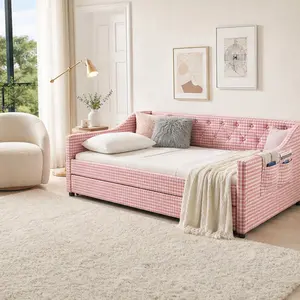 Upholstered Convertible Daybed with Trundle, 3-in-1 Sofa Bed, Tufted Button Backrest, Pull-Out Twin Bed, King Size Option, Side Storage Pockets, MDF Frame, Multiple Color Options, Compact Living, Guest Room, Kids Bedroom, MDF Material