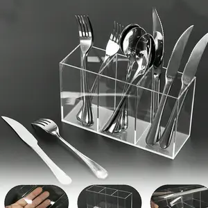 Transparent Plastic Silverware Utensils Organizer Box, 3 Compartment Cutlery Holder for Party Kitchen Counter, Spoon Fork Knife Storage Rack, Kitchenware