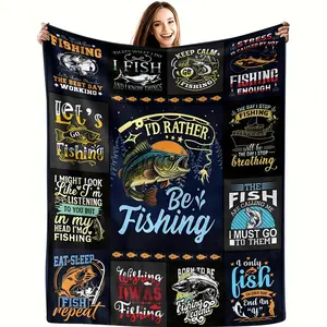 1pc Fishing-Themed Flannel Blanket - Soft All-Season Throw with Colorful Fish Illustrations, Humorous Phrases & Black Background - Contemporary Gift for Anglers, Home Decor, Playful Text Design, Fishingthemed Design, Comfortable Bedding
