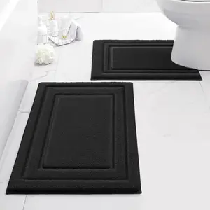 Bathroom Rugs Sets 2 Piece, Super Soft and Absorbent Non Slip Microfiber U-Shaped Toilet Bath Mat Set (20"x32"+U20 x24, Black)