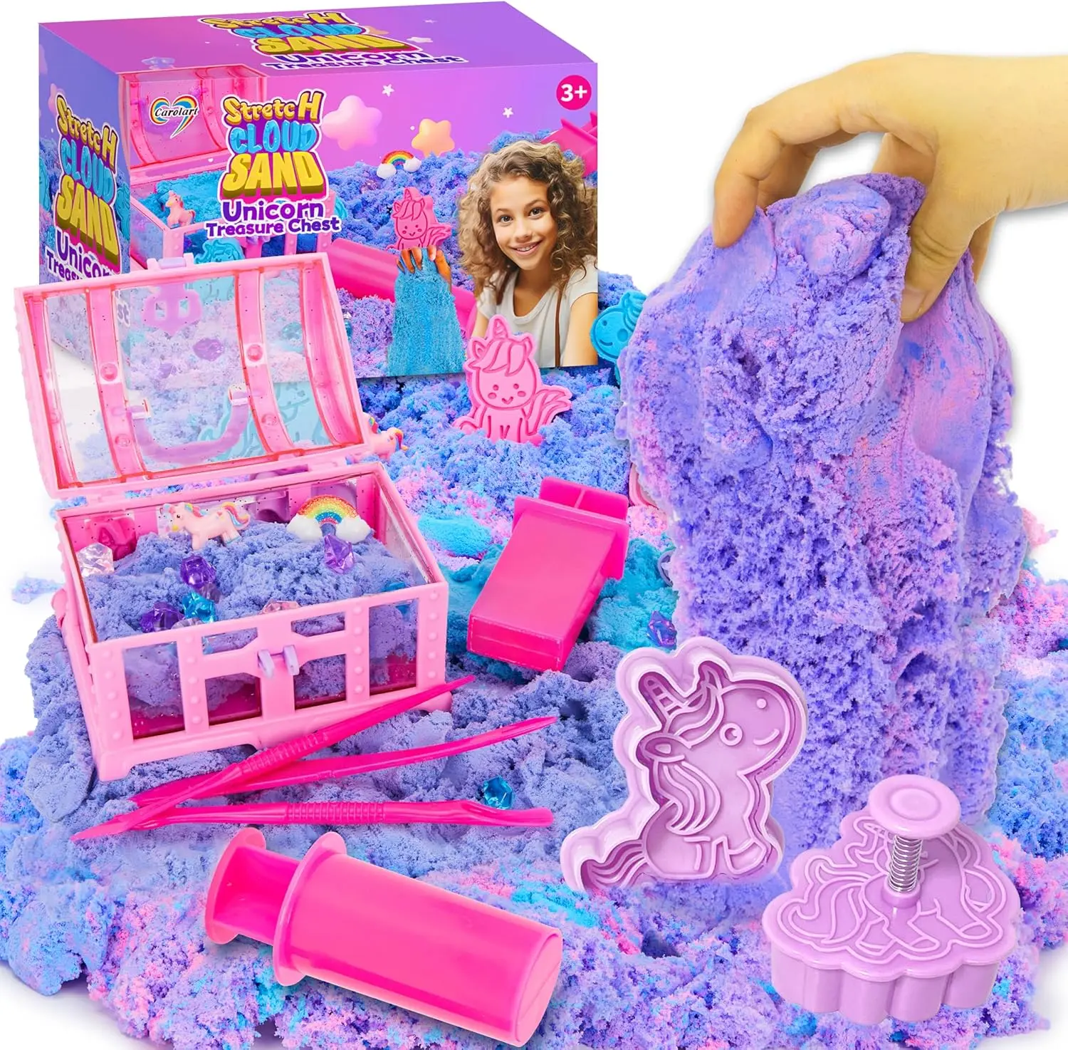 CAROLART Unicorn Stretchy Cloud Sand Blue & Pink Play Sand Treasure Chest with Sensory Sand Stretchable Moldable Expandable Cloud Slime Tactile Fun Sensory Kit for Kids Ages 3+