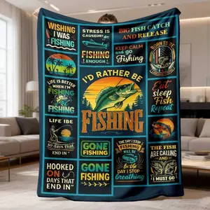 2026 New Arrival Flannel Blanket Funny Fishingthemed Flannel Blanket I'D Rather Be Fishing Design with Fish & Tackle Graphics, Perfect Gift for Men, Dad, Grandpa Machine Washable, Allseason Comfort, Fishing Accessory H