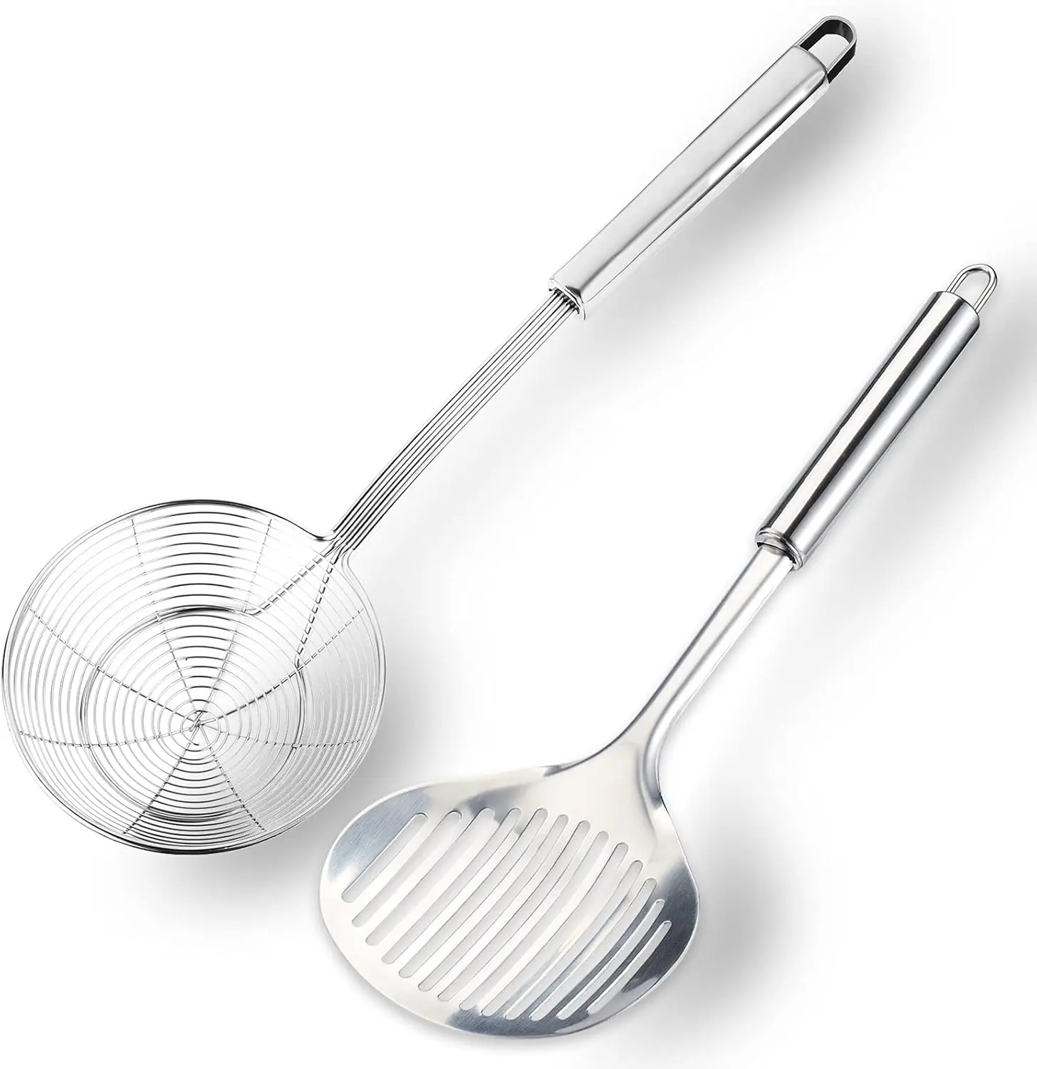 2 Pcs Stainless Steel Spider Skimmer & Slotted Spoon Set – Long Handle Cooking Strainer, Drain Filter Ladle for Frying, Pasta, Noodles, Soup Grease (Silver, Heat Resistant)