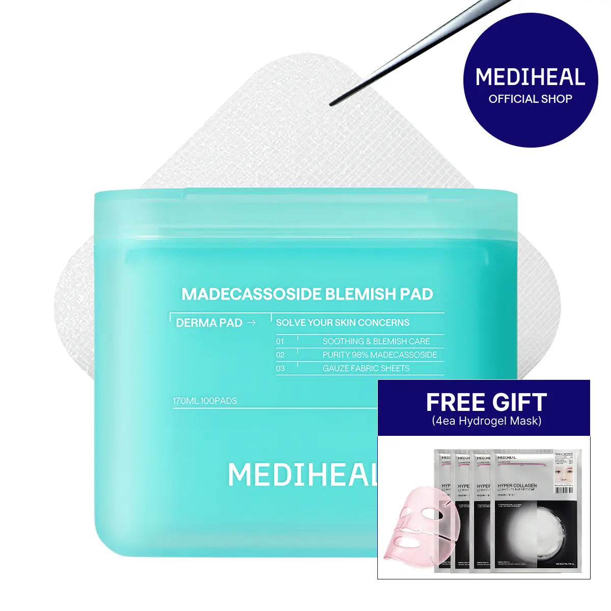 [MEDIHEAL] Madecassoside Blemish Pad (100pc) | 98% Pure Madecassoside | Dark Spot & Blemish Clearing | 239% Hydration Boost | Gauze Fabric | Korean Skincare