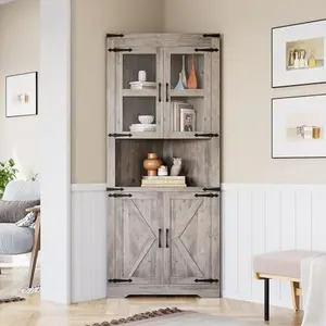 Farmhouse Corner Cabinet, Tall Corner Storage Cabinet with Glass Door & Adjustable Shelves, Bathroom Cabinet with Storage for Living Room, Kitchen, Bathroom, Washed Grey