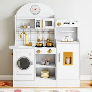 Kids Play Kitchen Set with Sound & Light Pretend Wooden Playset for Kids Age 3+ Includes Oven Washing Machine & Toy Coffee Station