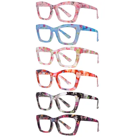 6 Pack Oprah Style Reading Glasses Blue Light Blocking Square Computer Spring Hinge Readers for Women